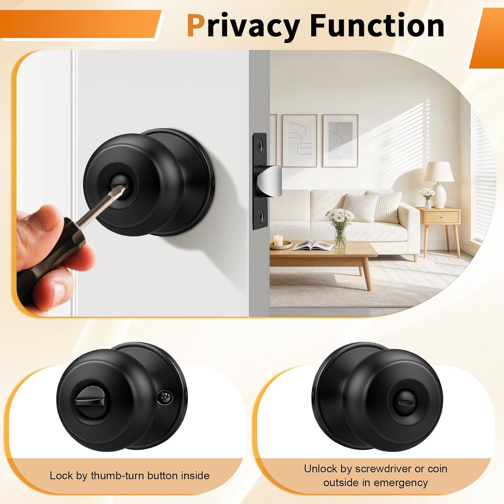 Probrico Black Door Knobs, Interior Door Knobs with Round Ball Knob, Matte Black Privacy Door Knob for Bedroom Bathroom, 12 Pack