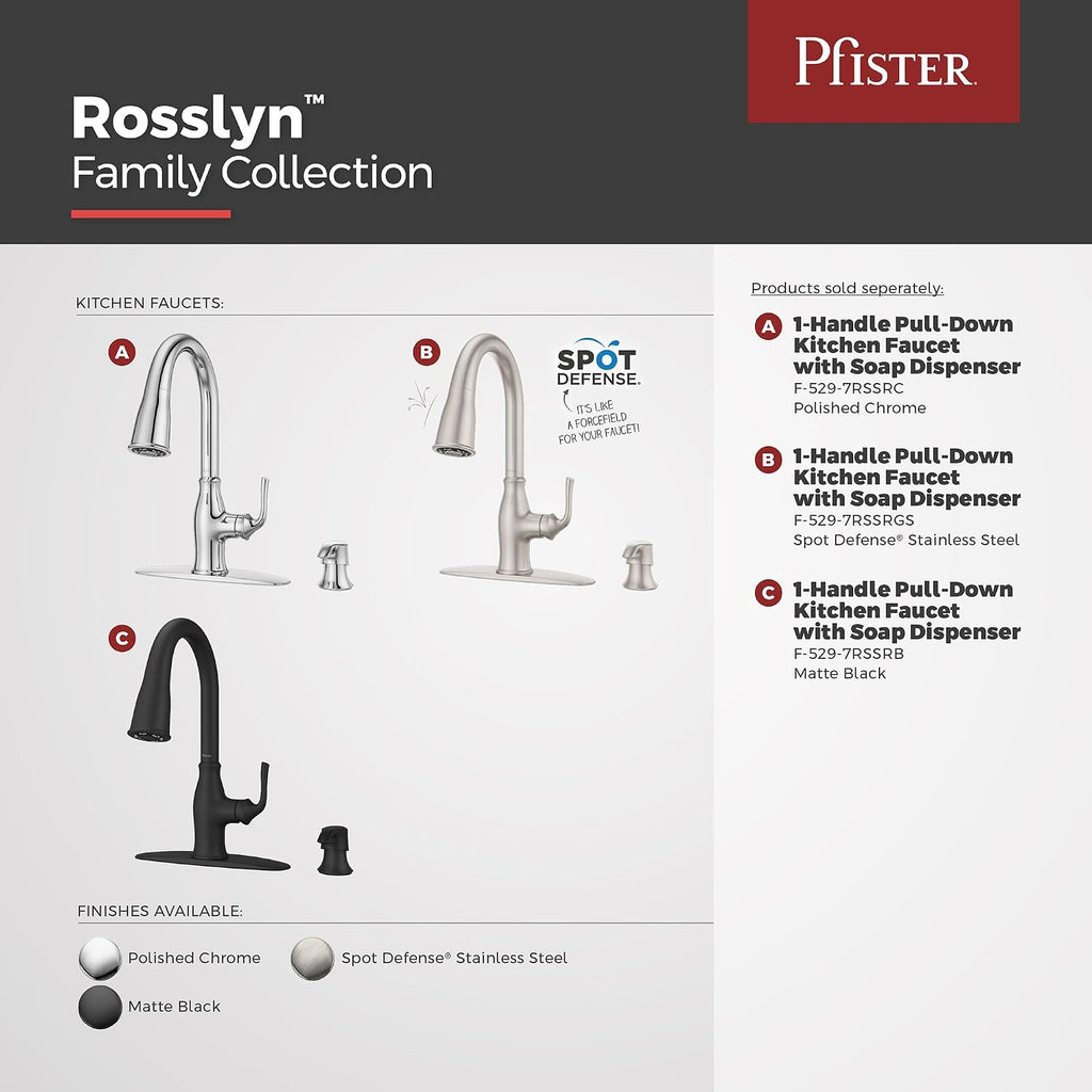 Pfister Rosslyn Kitchen Faucet with Pull Down Sprayer and Soap Dispenser, Single Handle, High Arc, NSF Certified, Matte Black Finish, F5297RSSRB