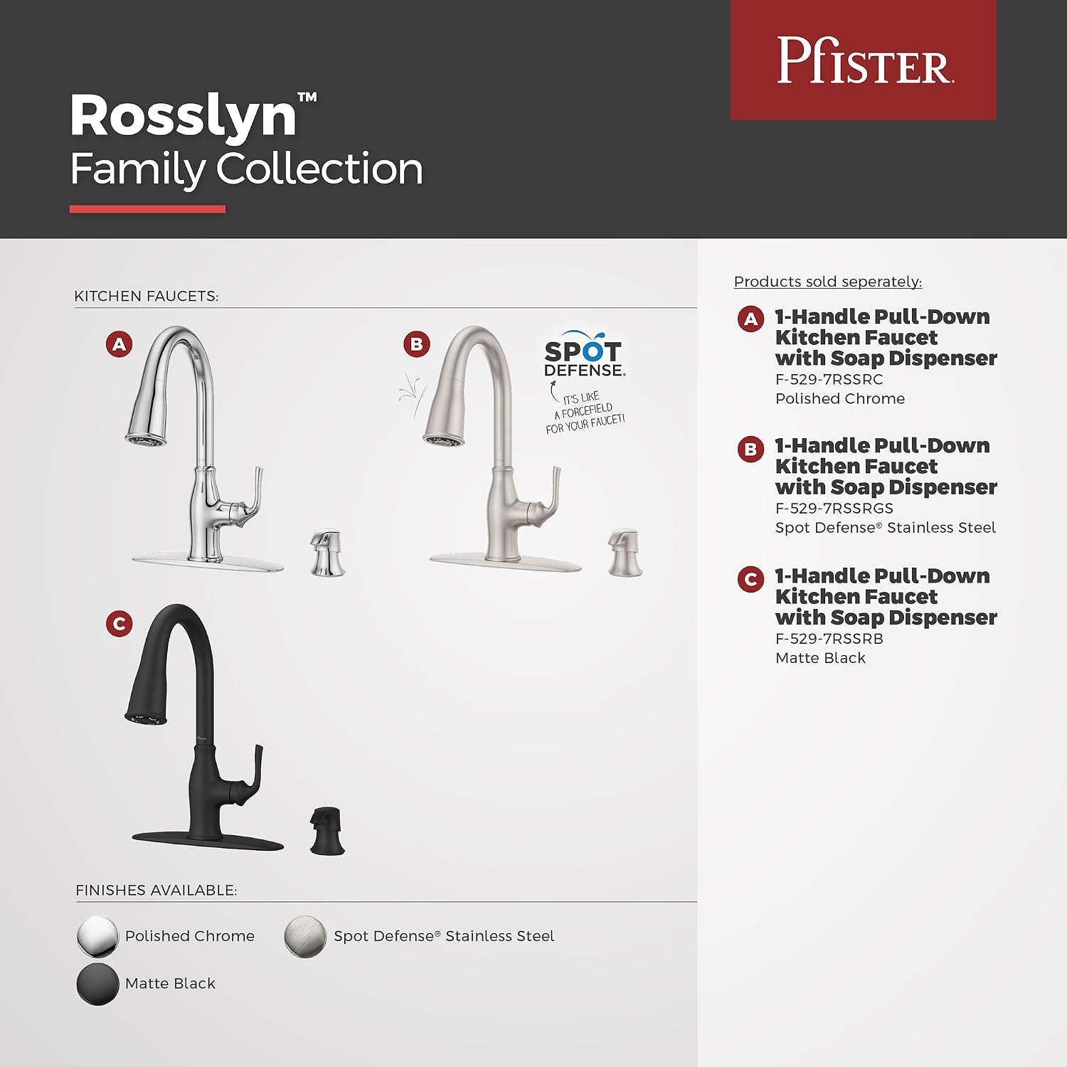 Pfister Rosslyn Kitchen Faucet with Pull Down Sprayer and Soap Dispenser, Single Handle, High Arc, NSF Certified, Matte Black Finish, F5297RSSRB