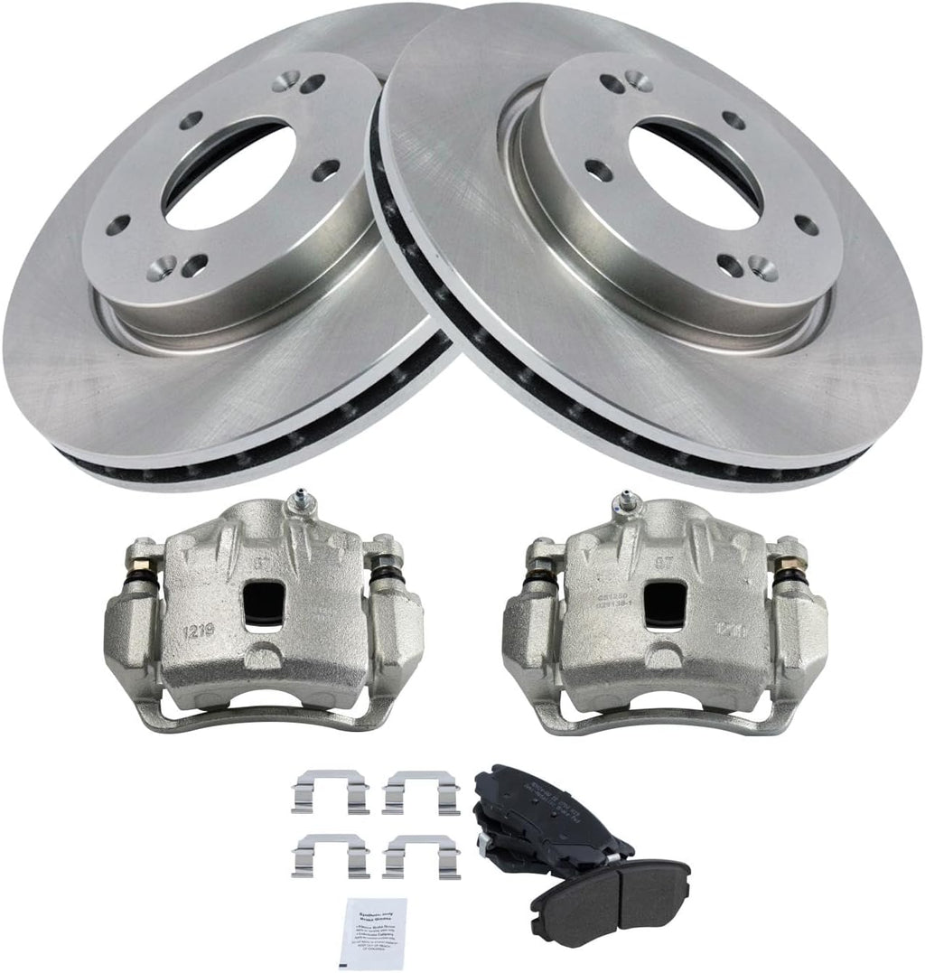TRQ Front Brake Pad and Rotor Set Semi Metallic Rotors Calipers Compatible with 2007-2010 Hyundai Elantra