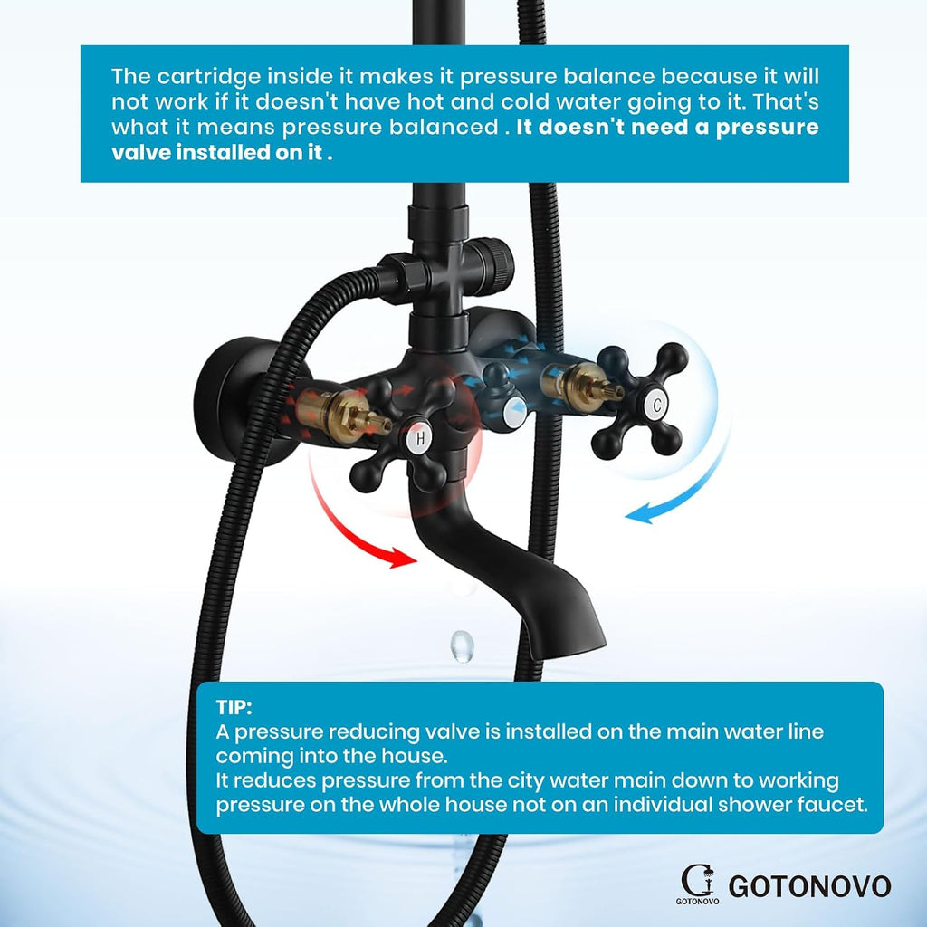 gotonovo Exposed Shower Faucet Set 8 Inch Rainfall Showerhead 3-Function Shower Fixture with Tub Spout 2 Corss Handles Shower System, Matte Black
