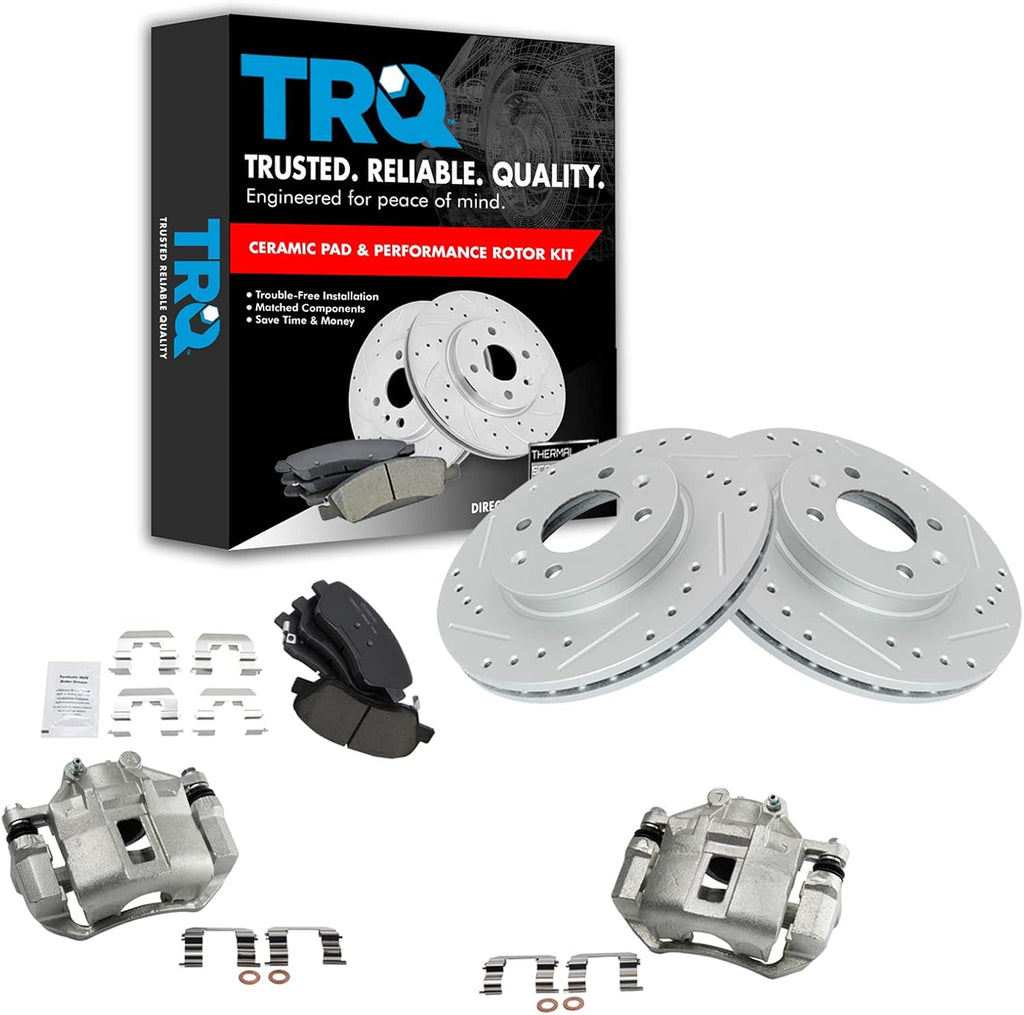 TRQ Performance Front Brake Pad and Rotor Set Ceramic Vented Coated Rotors Calipers Compatible with 2012 Kia Rio