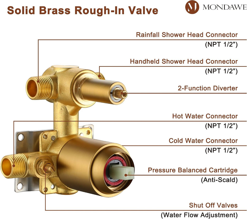 MONDAWE 8 Inch Wall Mounted Shower Faucet Set in Brushed Gold, Rainfall Shower Head with 3-Setting Handheld Spray Shower Set Combo, High Pressure Shower System with Solid Brass Valve