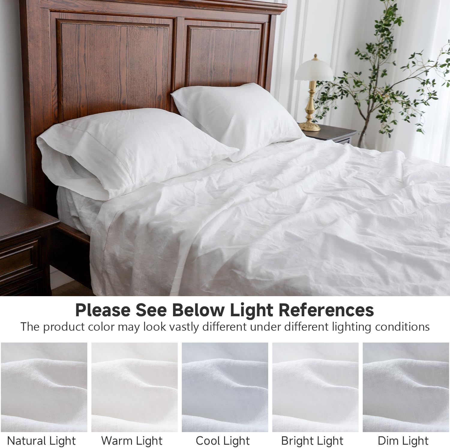 Simple&Opulence 100% French Linen Sheet Set Handmade Hemstitch-4 Pcs Natural Flax Farmhouse Bed Sheets(1 Flat Sheet 1 Fitted Sheet 2 Pillowcases)-Solid Color Soft Breathable Bedding-White, King