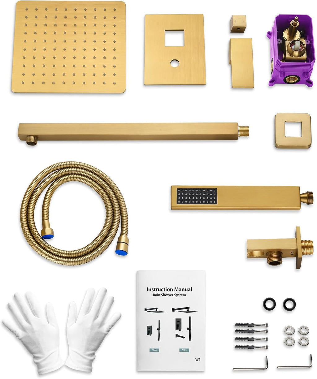 10 Inch Shower Faucet Set, High Pressure Rainfall Shower Head and Handheld Sprayer Combo, Brushed Gold