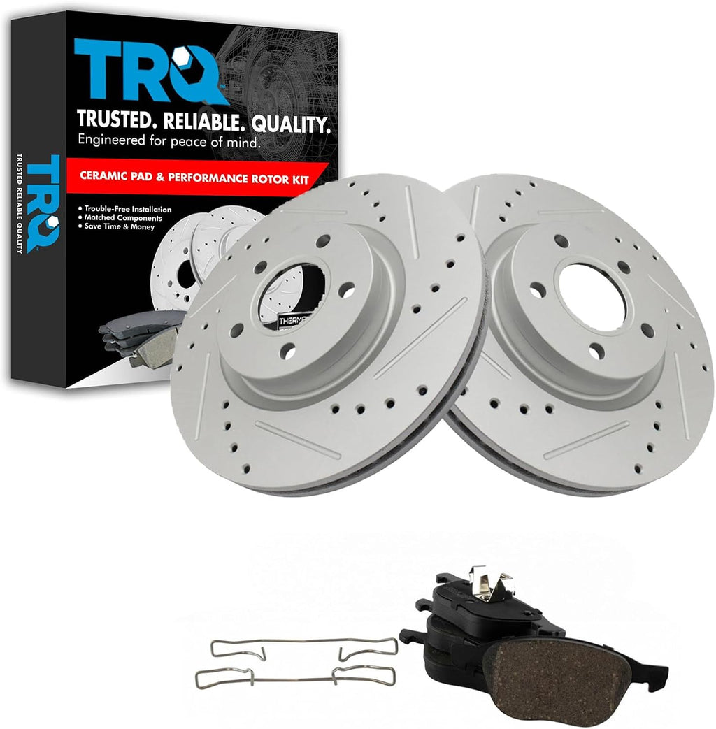 TRQ Performance Front Brake Pad and Rotor Set Ceramic Drilled Slotted Coated Vented Rotors Compatible with 13-17 Ford C-Max 13-19 Escape 08-13 Volvo C30 06-12 C70 04-11 S40 05-11 V50