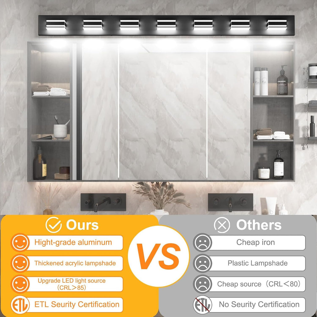 Ralbay 55inch Black Vanity Light for Bathroom 7-Light LED Modern Acrylic Matte Black Bathroom Wall Vanity Lighting Fixtures Over Mirror