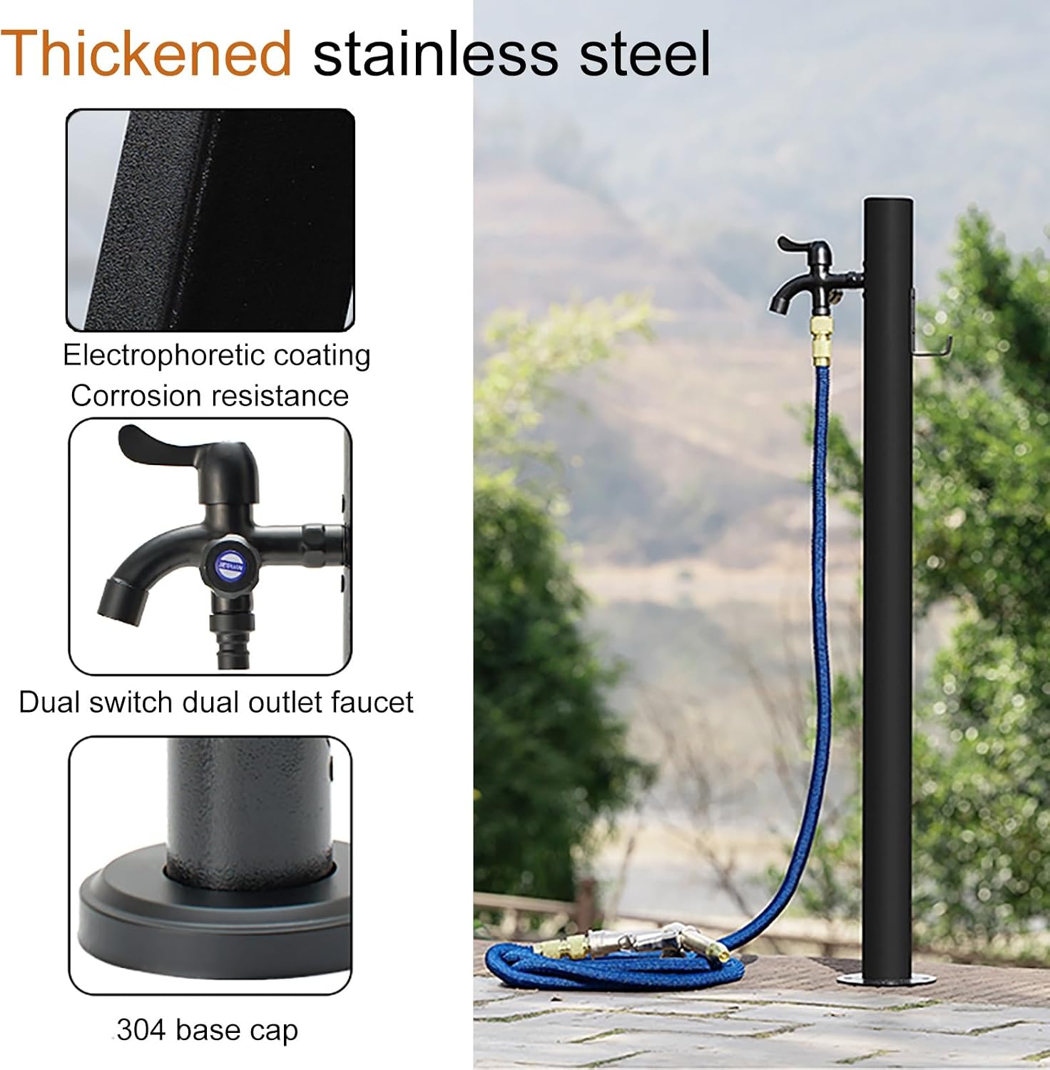 Garden Water Column Outdoor Post Faucet Freestanding with Hose Stand Water Dispenser Hydrant with Double Outlet Water Pipe Seat for Washing and Watering