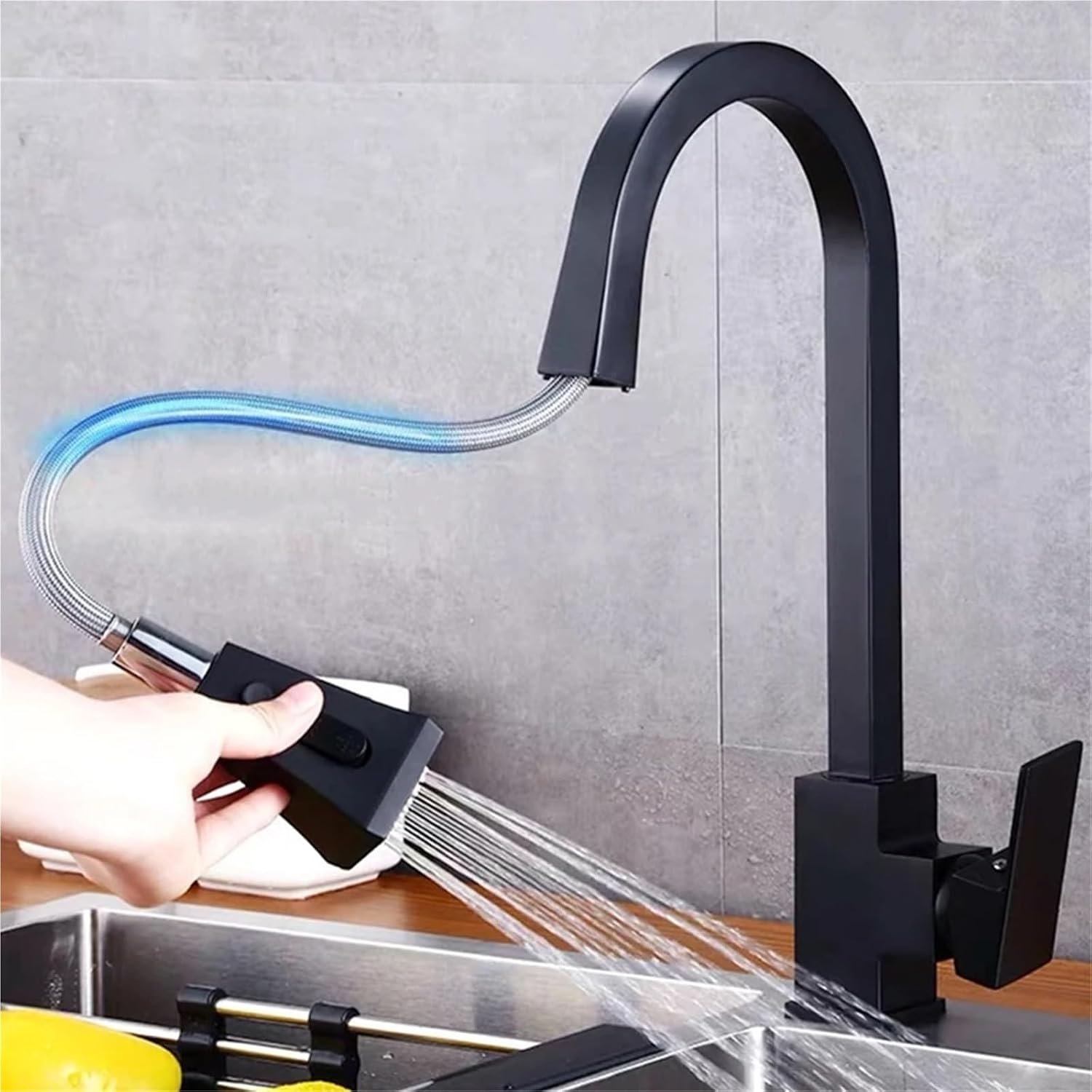 Kitchen Faucets Copper 360 Rotate Pull Out Tap Kitchen Faucet Button Switch Cold Hot Water Sink Mixer Taps(Black,Hose Size 9-16)