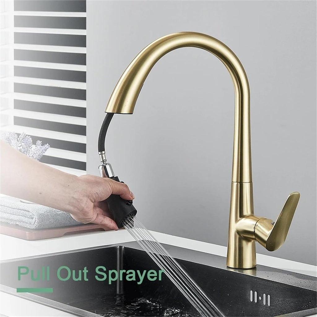 Kitchen Faucet Flexible Pull Out Mixer Tap Deck Mounted 360 Swivel 2 Mode Hot Cold Water Faucets(Brushed Gold)