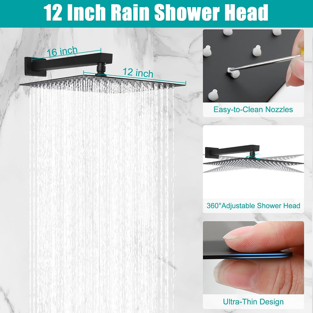 SKOWLL Matte Black Shower Faucet Set Modern Shower Temperature Digital Display, Black Bathroom Faucets Shower System, 12 Inch Shower Head and Faucet Set