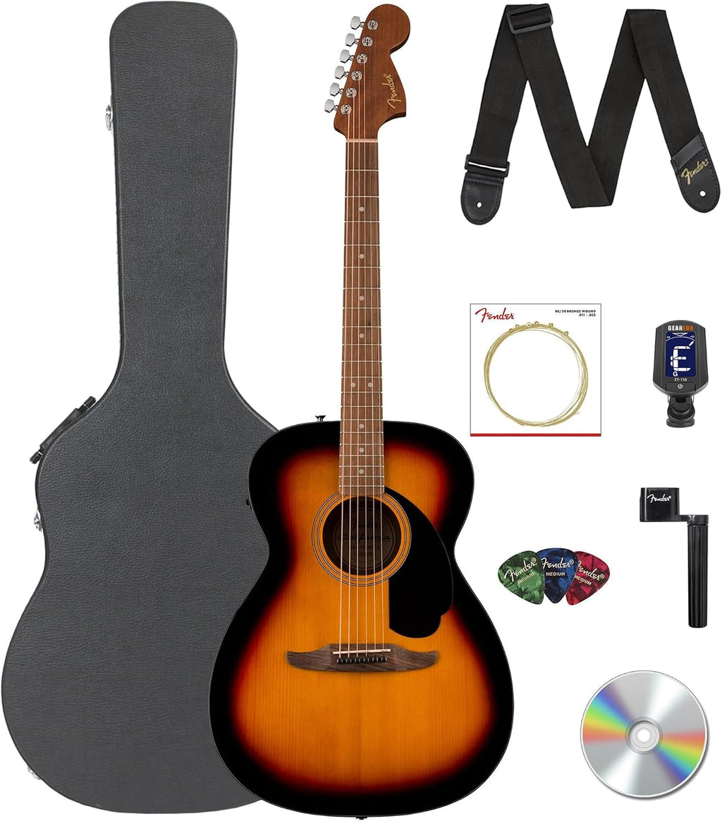 Fender California Standard Monterey E Acoustic-Electric Guitar - 3-Color Sunburst Bundle with Case, Tuner, Strap, Strings, String Winder, Picks, and Austin Bazaar Instructional DVD