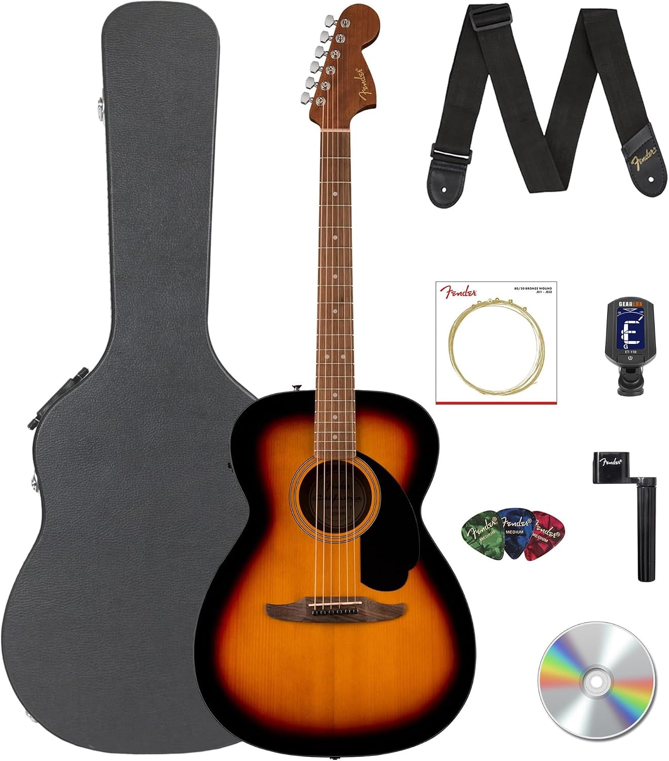 Fender California Standard Monterey E Acoustic-Electric Guitar - 3-Color Sunburst Bundle with Case, Tuner, Strap, Strings, String Winder, Picks, and Austin Bazaar Instructional DVD