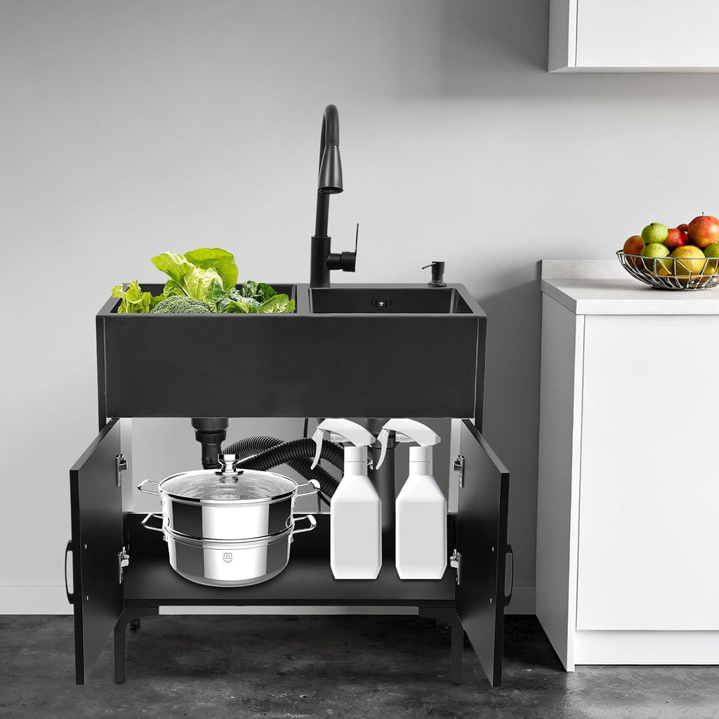 30-Inch Laundry Sink with Cabinet and Pull-Out Sprayer Fauce, Freestanding Kitchen Sink Cabinet w/Stainless Steel Double Sink & Draining Basket, Wash Station Tub for Laundry & Utility Room, Bathroom