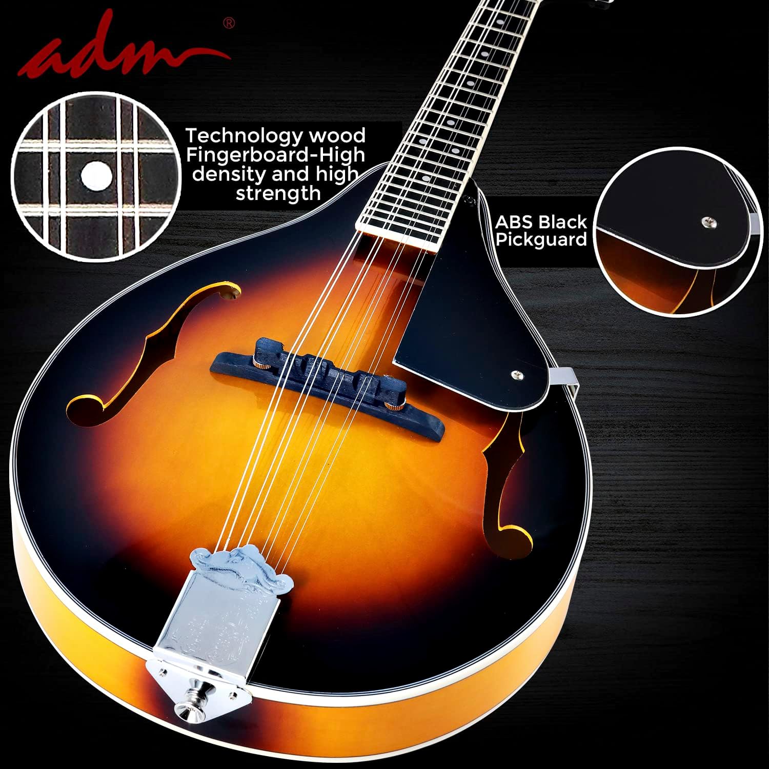 ADM Acoustic Mandolin Instrument Kit Music A Style for Kids Students Adults Wood Mandolins Beginner Set With Bag, Tuner, Pick-up, Strap, Strings, Picks and Hanger, Sunbrust