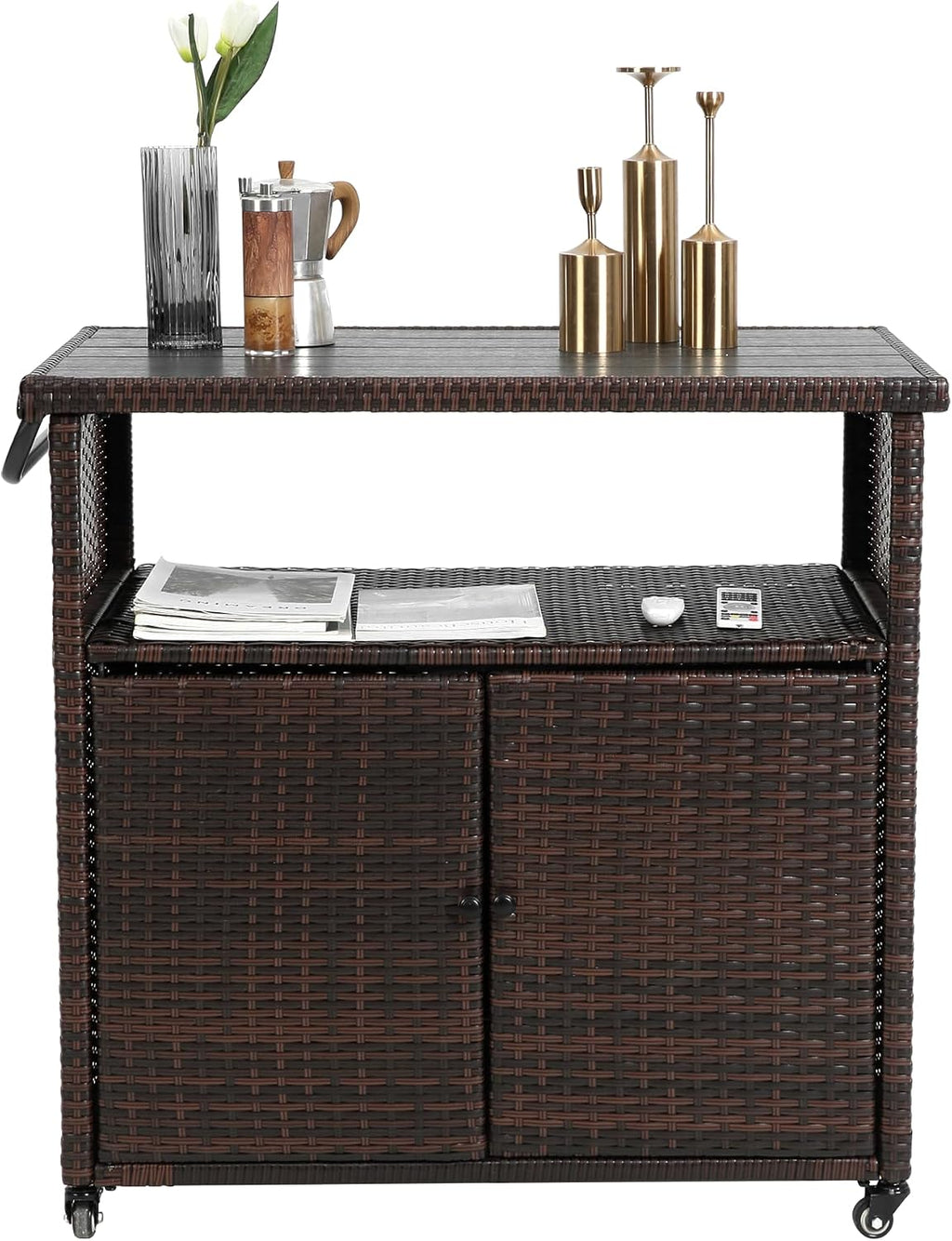 Outdoor Wicker Bar Cart with Wheels, Outdoor Rolling Kitchen Island Grill Cart with Storage Cabinet, Outside Portable Bar Table for Events, Patio, Porch, Backyard, Garden, Poolside, Black+Brown