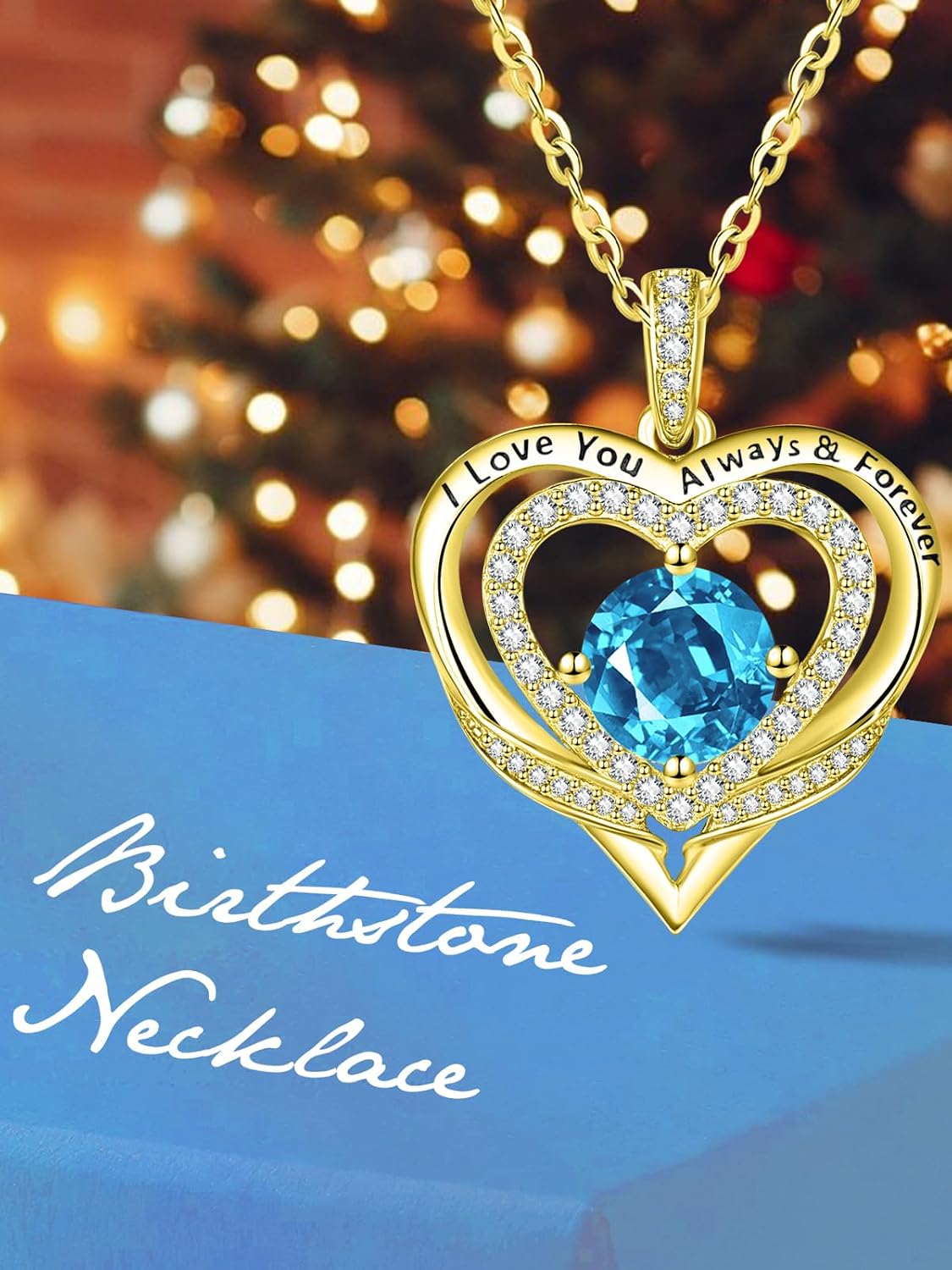14K Gold Heart Necklaces for Women with Birthstone Pendant ，Double Hearts Necklace Jewelry Gift for Girlfriend Mom Anniversary Birthday Adjustable Chain 18' + 2' 'I Love You Always & Forever