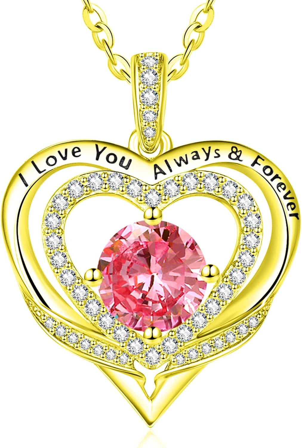 14K Gold Heart Necklaces for Women with Birthstone Pendant ，Double Hearts Necklace Jewelry Gift for Girlfriend Mom Anniversary Birthday Adjustable Chain 18' + 2' 'I Love You Always & Forever