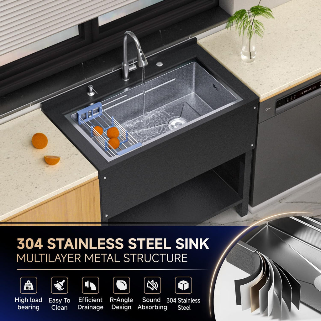 Stainless Steel Utility Sink,36' Freestanding Sink with Cold and Hot Water Faucet,Hoses and Drain Kit Commercial Kitchen Single Bowl,Laundry Sink for Kitchens,Laundry Room, Garage