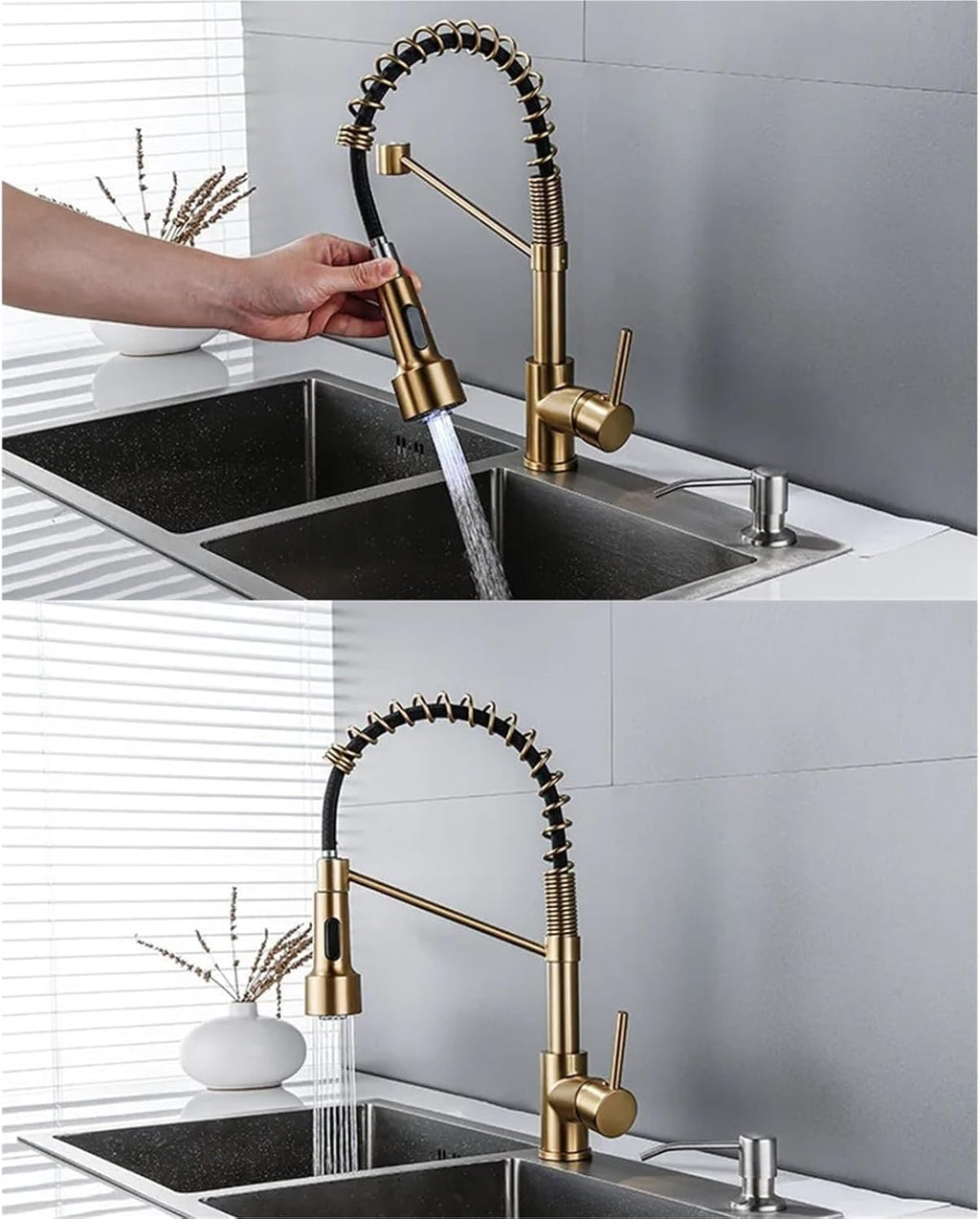 Kitchen Faucet Kitchen Sink Single Lever Pull Out Spring Spout Mixers Tap Hot Cold Water Crane(Brushed Gold)