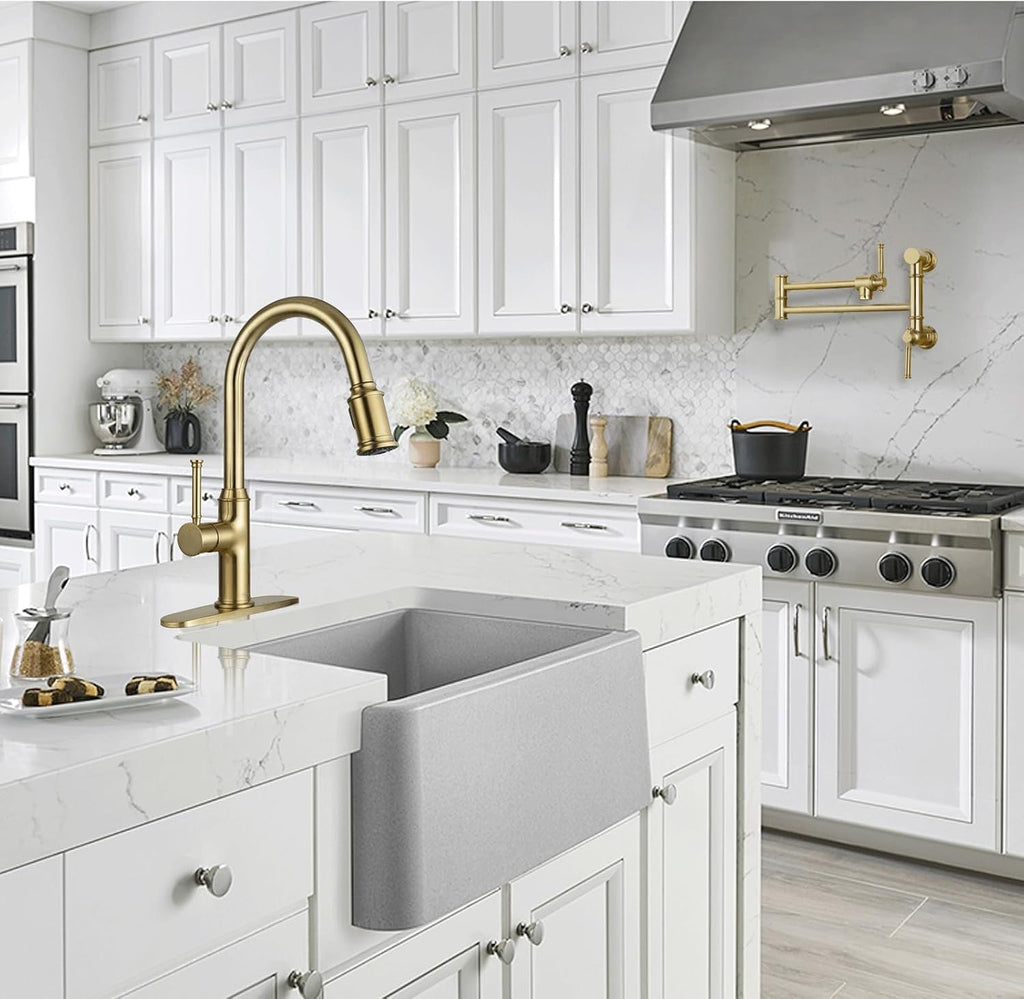 Lava Odoro Curtura Brushed Gold Kitchen Faucet with Pull Down Sprayer, Brass Kitchen Sink Faucet, Single Hole Kitchen Faucet with 3-Function Sprayer, Deck Plate Included, Spot-Free, 1.8GPM, KF421-SG