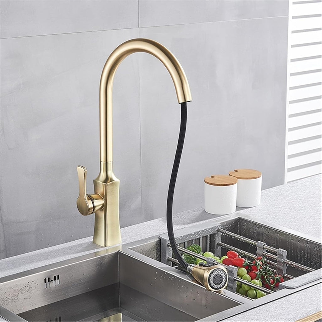 Kitchen Faucet Hot and Cold Water Mixer Faucet Kitchen Pull Out Mixer Crane 2 Function Spout Brass Water Mixer(Brushed Gold)