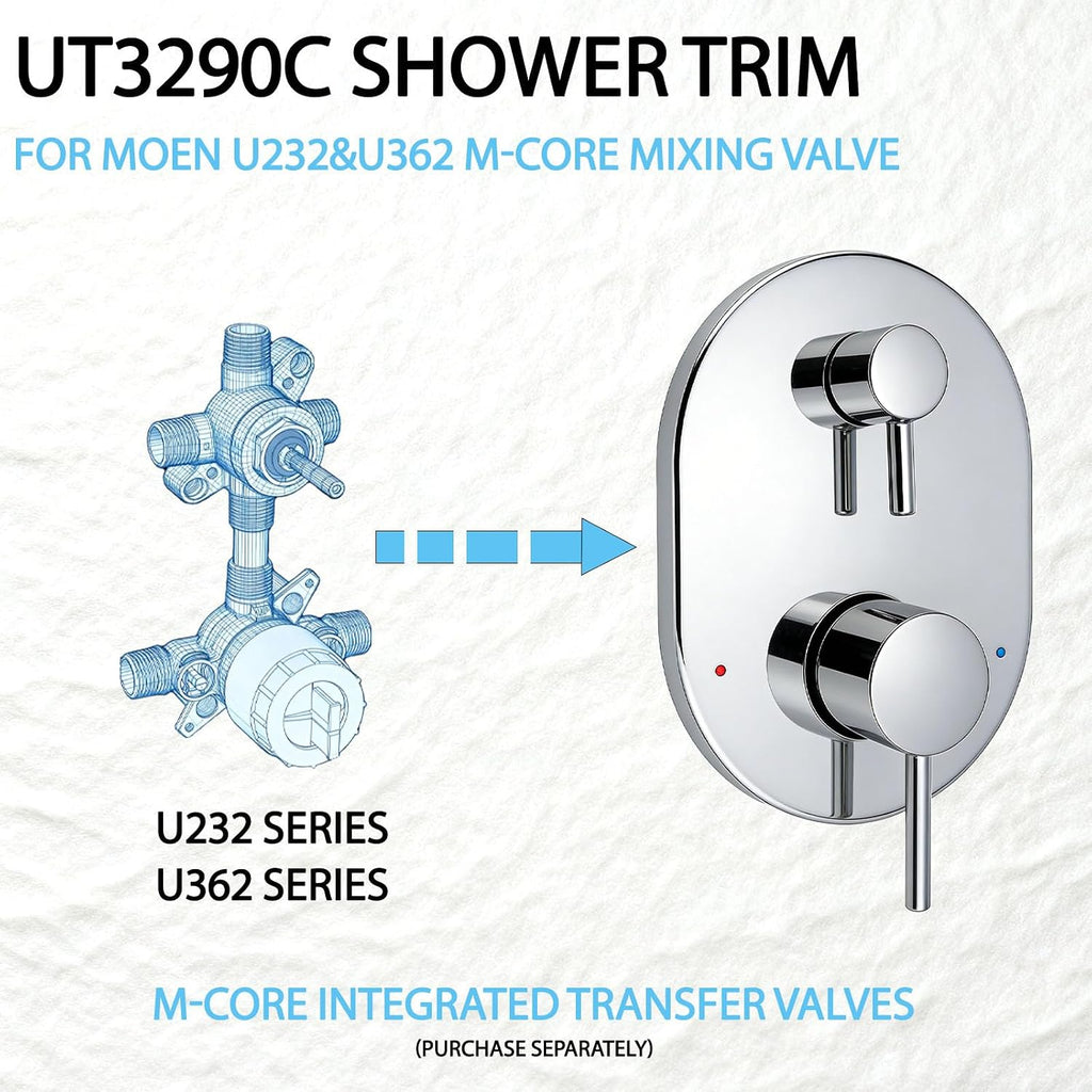 UT3290 Chrome Shower Valve Trim Kit for Moen Align M-CORE 3-Series 2-Handle Shower Faucet Trim, Shower Handle Trim Includes 1213 Cartridge for Moen U232 U362 M-CORE Mixing Valve, Valve Required