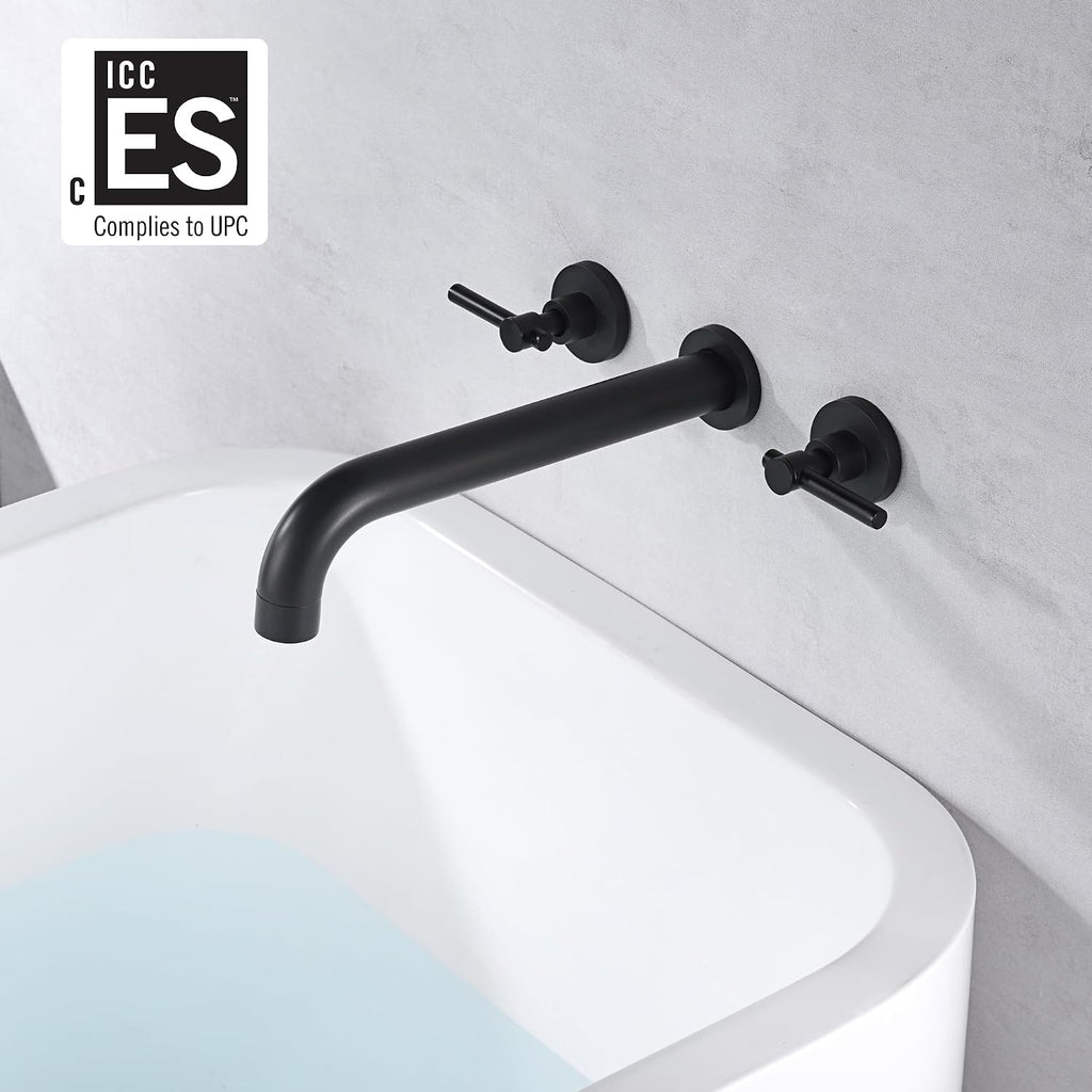 Wall Mount Tub Filler Matte Black Tub Faucet High Flow Two Handles Solid Brass, Long Spout Reach, sumerain