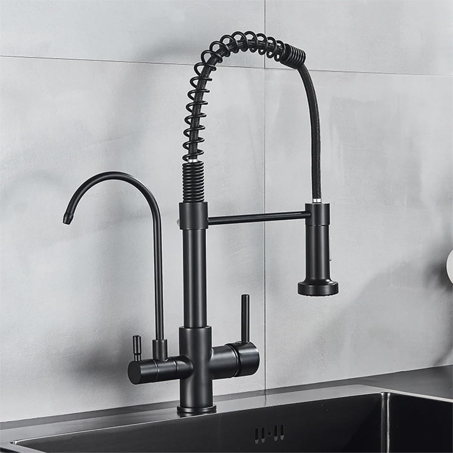 Filtered Faucet Purified Water Faucet for Kitchen Double Handles Single Hole Cold Hot Water Mixer Taps(Matte Black)