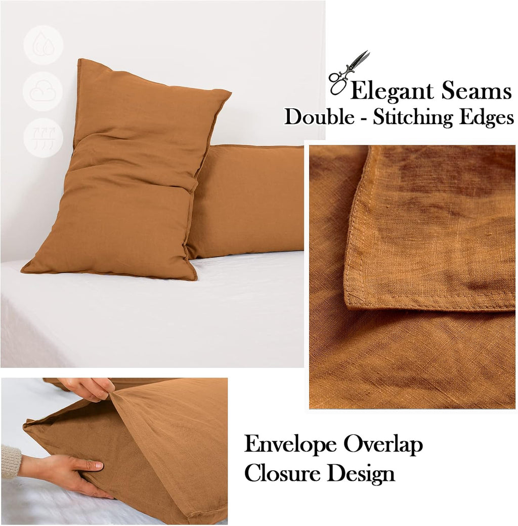 Simple&Opulence 100% Washed Linen Sheet Set Basic Style 3 Pieces (1 Flat Sheet & 1 Fitted Sheet & 1 Pillowcase) Natural French Flax Soft Breathable Farmhouse Bedding (Twin, Rust)