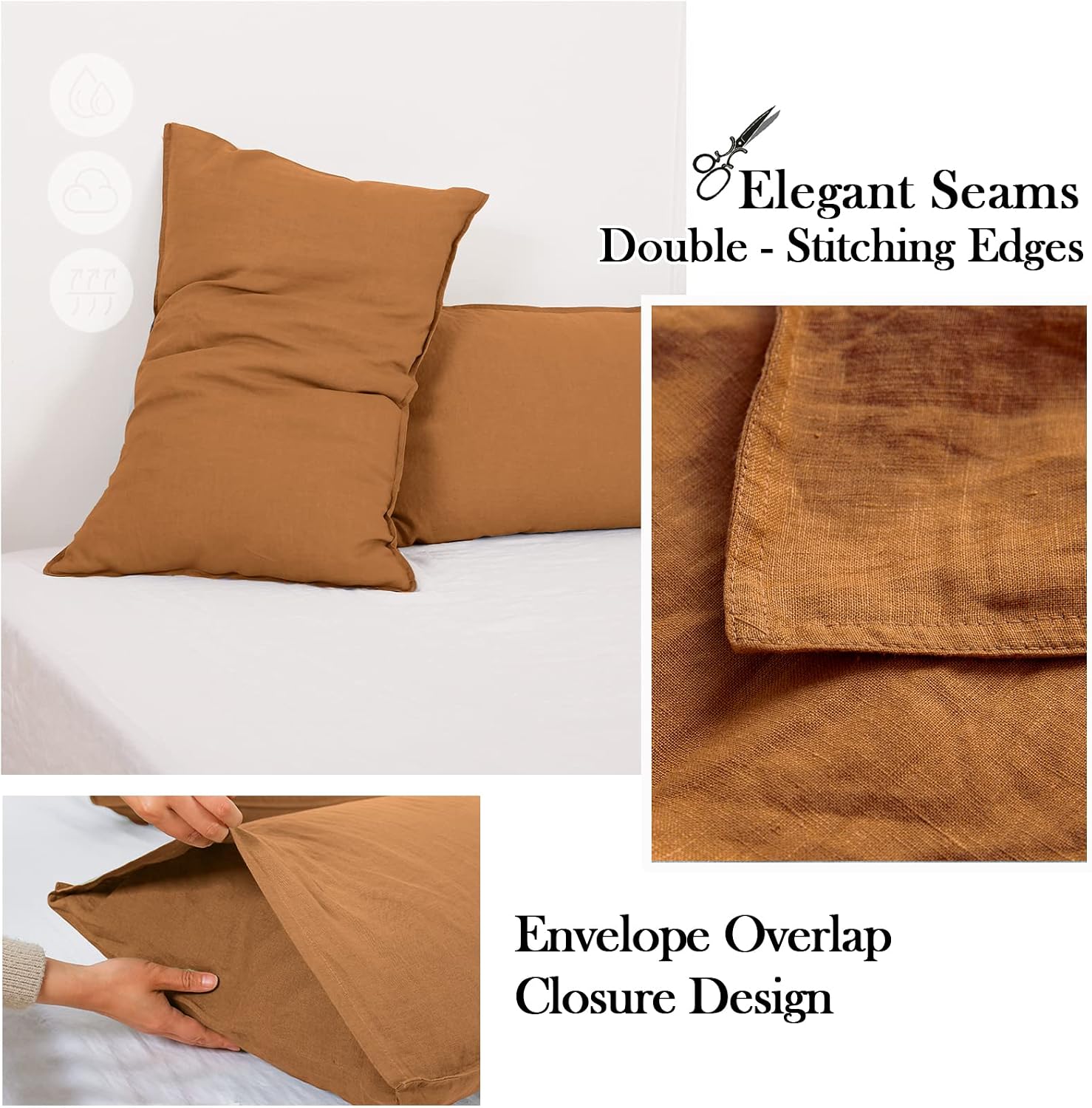Simple&Opulence 100% Washed Linen Sheet Set Basic Style 3 Pieces (1 Flat Sheet & 1 Fitted Sheet & 1 Pillowcase) Natural French Flax Soft Breathable Farmhouse Bedding (Twin, Rust)