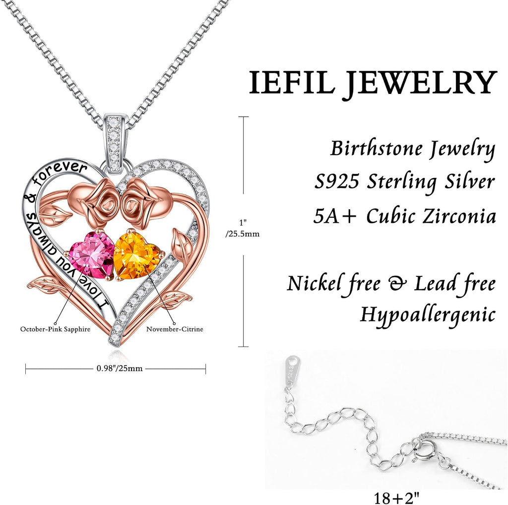 Iefil Rose Heart Double Birthstone Necklace Gifts for Wife Girlfriend Her Women, Birthstone Jewelry Gemstone Birthday Gifts for Mom Grandma Her Wife Women