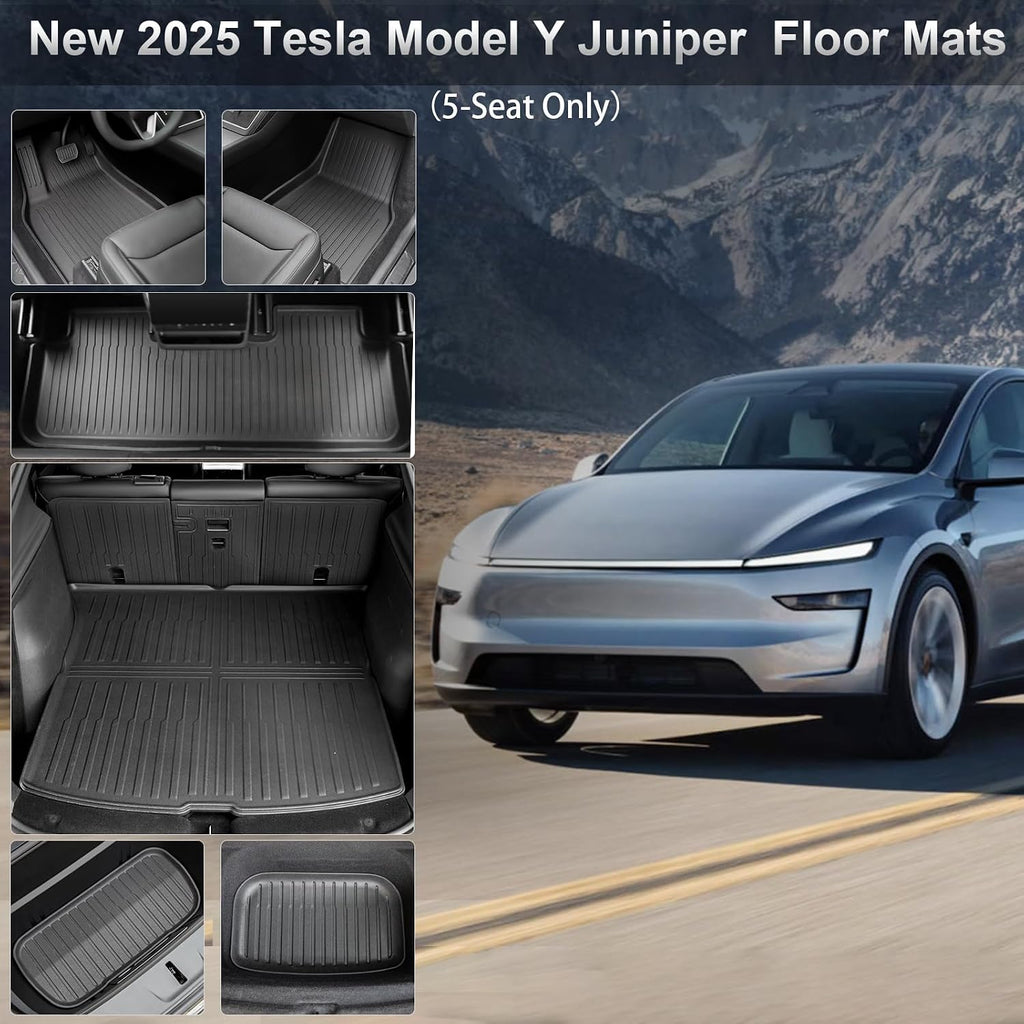Weize Floor Mats for Tesla Model Y Juniper 2025-2026 All Weather 9Pcs Cargo Liners & 4Pcs Mud Flaps No-Drill Splash Guards Interior Accessories(Not for Standard)