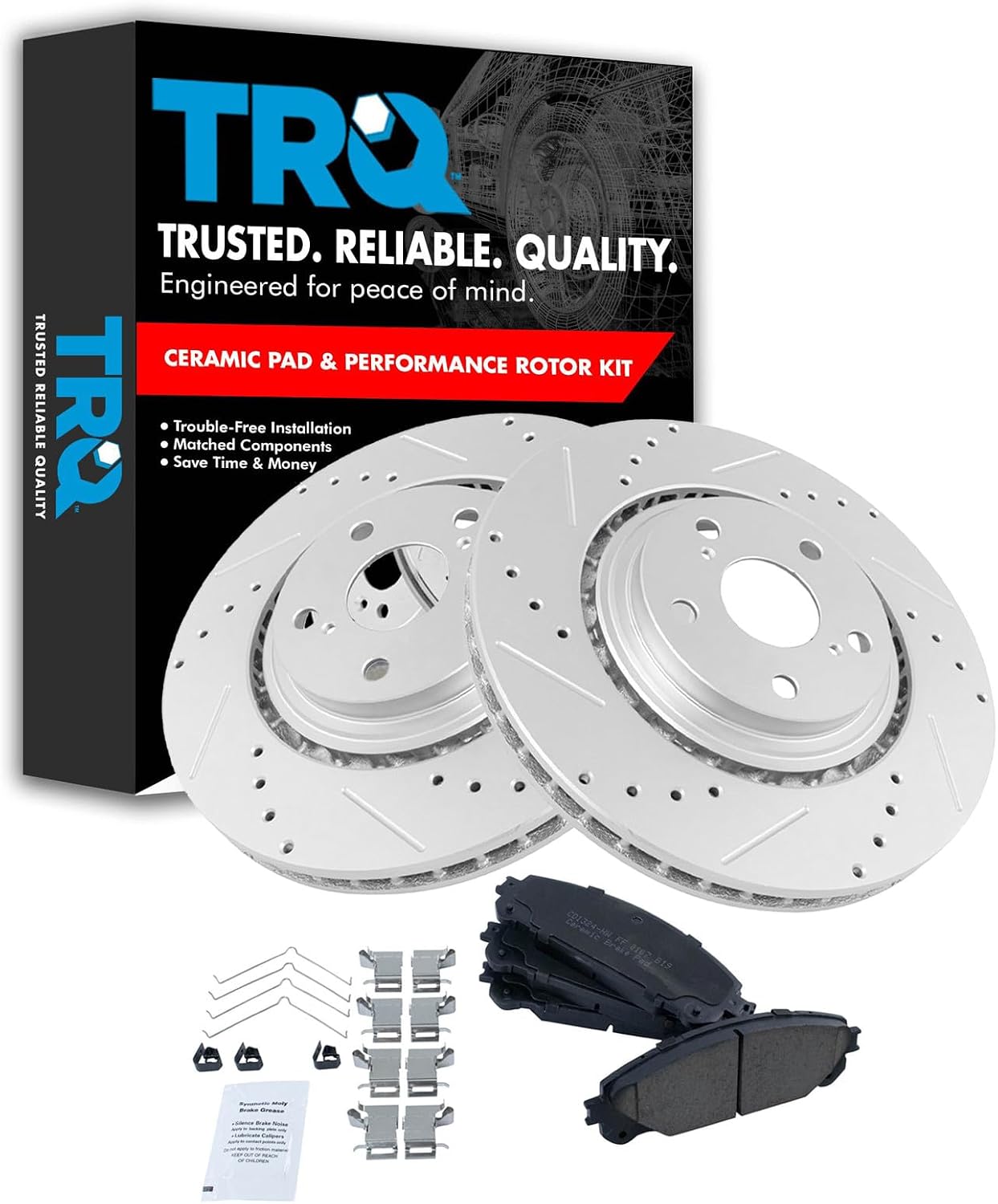 TRQ Performance Front Ceramic Brake Pad and Rotor Set Drilled Slotted Coated Compatible with 08-19 Toyota Highlander 11-20 Sienna 10-15 Lexus RX350 10-15 RX450h 15-17 NX200t 18-21 NX300 15-20 NX300h