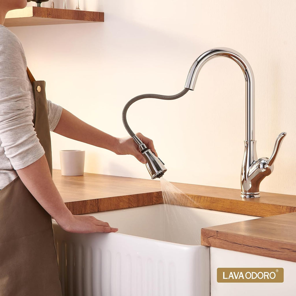 Lava Odoro Kitchen Faucet with Pull Down Sprayer, Chrome Kitchen Sink Faucet with Magnetic Docking Spray 3-Function, Faucet for Kitchen Sink 1 Hole and 3 Hole with Deck Plate, KF271-C