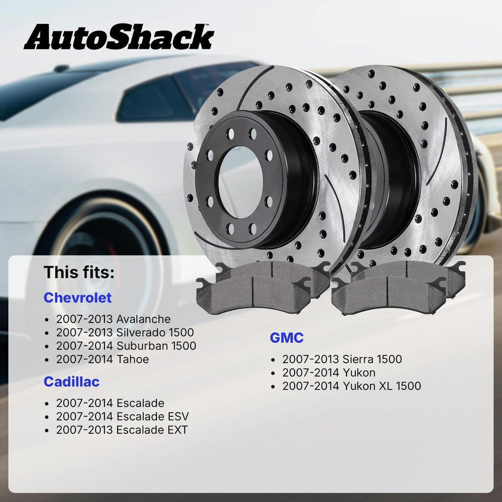 AutoShack Front & Rear Brake Rotors & Premium Pads for Chevrolet & GMC, Silverado 1500 2007-2013 Sierra 1500 2007-2013, 4WD RWD AWD V8 4.8L 5.3L 6.0L 6.2L - E-Coated Drilled & Slotted - ShadowGuard