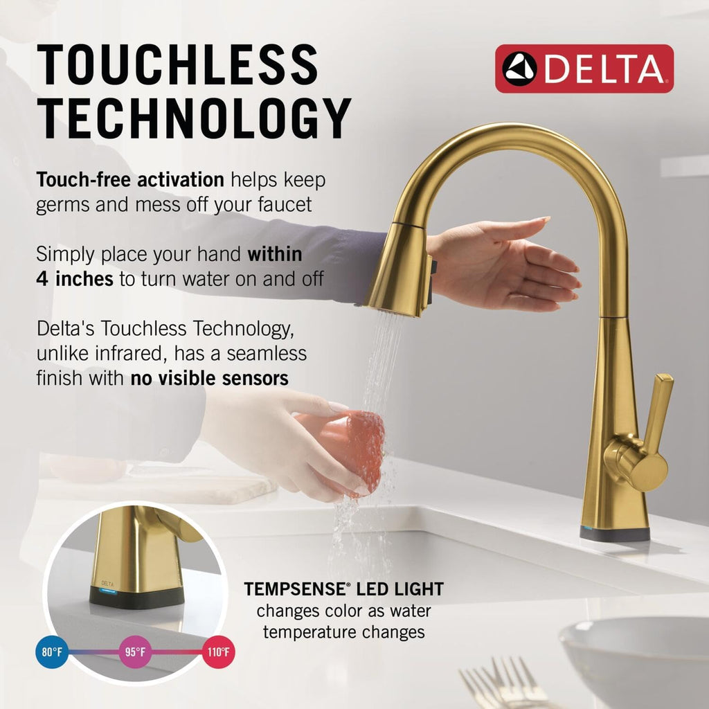 Delta Lenta Touchless Kitchen Faucet with Touch Technology, Brushed Gold Kitchen Sink Faucet with Pull Down Sprayer, Brushed Gold 19802TLZ-GB-DST