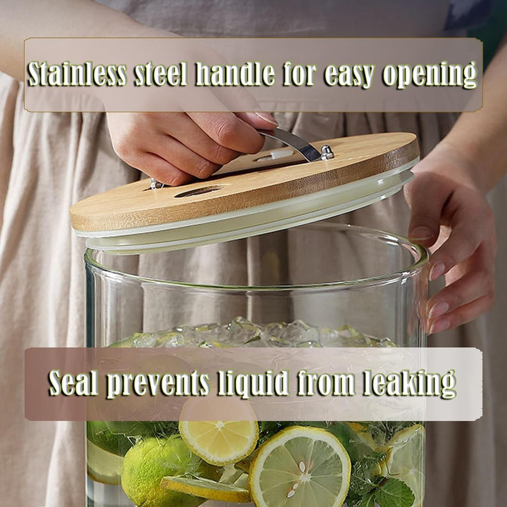 Glass Drink Dispenser,Drinkware with Stand and Lid,Cold Water Pitcher,Juice Pitcher for Parties,Bars,Weddings,Homemade Juices,Picnics,Barbecues and Daily,Silver(Gold Faucet + Bracket 5L)