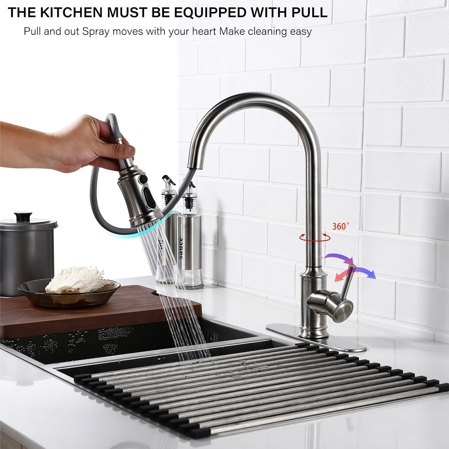 Touch Sensor Pull Out Down Mixer Tap Deck Mounted Faucet Hot Cold Water Swivel Spout Three Function Single Handle Hole(Brushed Gold)