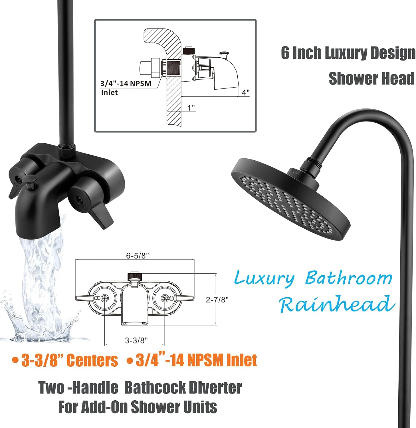 Clawfoot Tub Shower Kit,Add On Shower With Bathcock Diverter Faucet and 60' D Type Claw foot Tub Shower Curtain Rod Kit,D-Style Shower Rod and Clawfoot Tub Shower Faucet Set,Matte Black