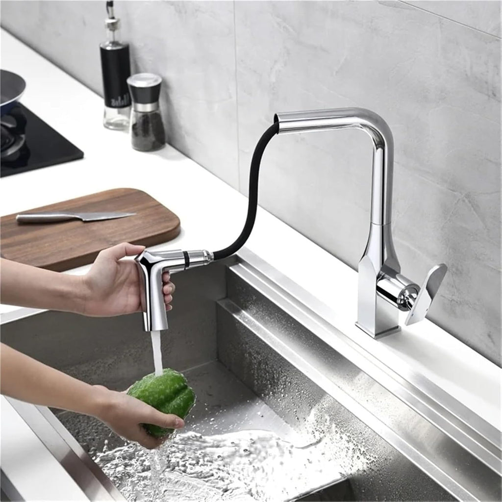 Kitchen Faucets Pull Out Kitchen Tap Single Handle Swivel 360 Degree Water Hot and Cold Mixer Tap(Chrome)