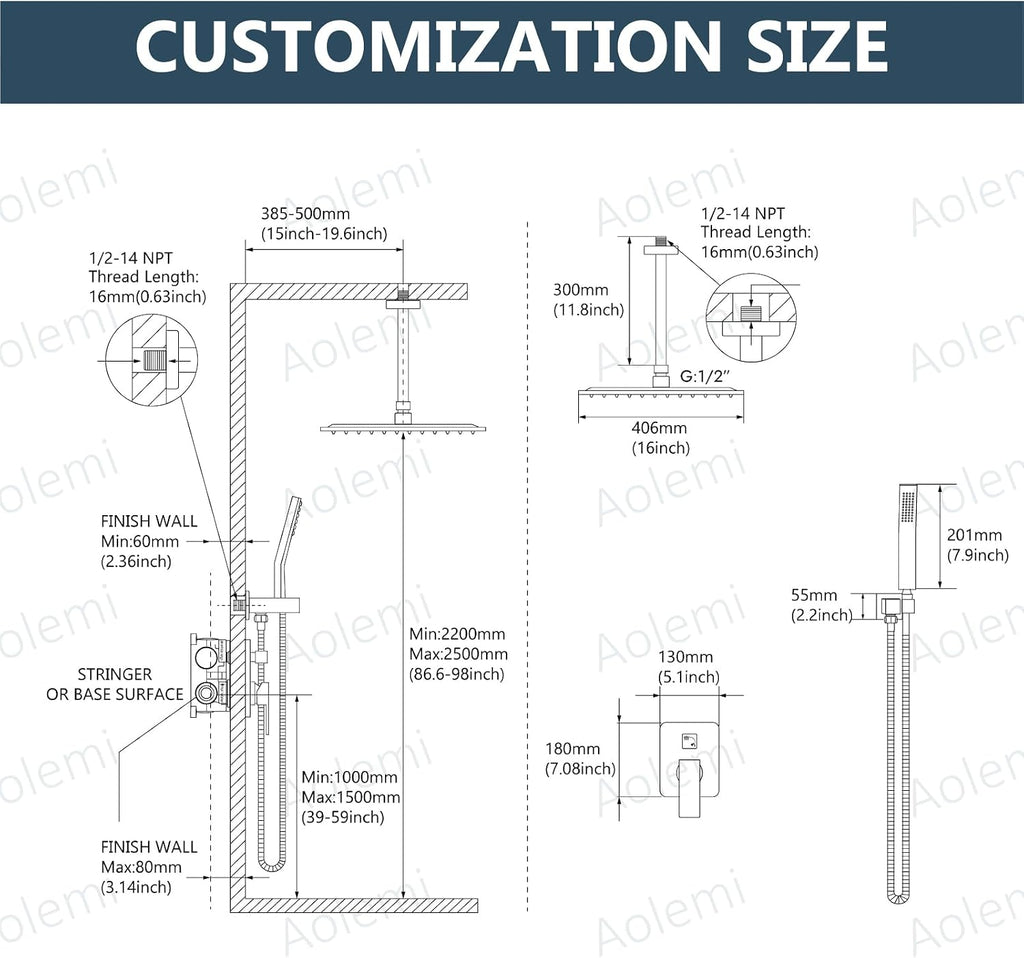 Aolemi Ceiling Mount Shower Faucet Set with Handheld Spray High Pressure Shower Faucets Sets Complete Rough-in Valve and Shower Trim Kit System Included Rainfall Matte Black 16 Inch LED Shower Head