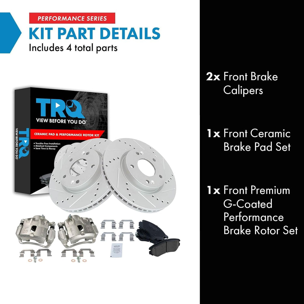 TRQ Performance Front Brake Pad and Rotor Set Ceramic Coated Drilled Slotted Vented Rotors Calipers Compatible with 2005-2009 Hyundai Tucson 2005-2010 Kia Sportage