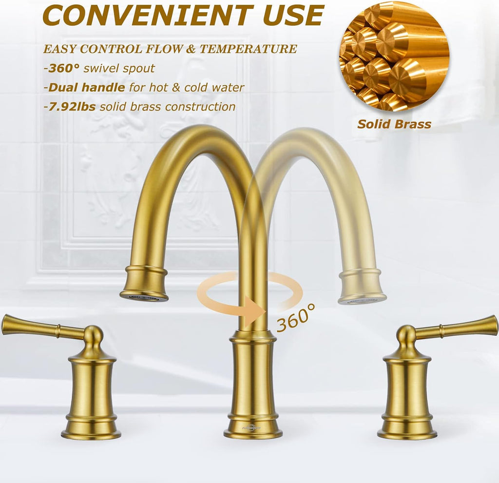 Brushed Gold Roman Tub Faucet, Antique Bathtub Faucet Set 3 Hole, High Flow Bath Tub Faucet 12-16 inch Widespread, Solid Brass Tub Filler 2 Handle 360° Swivel Spout Rough-in Valve(B2307-BG)