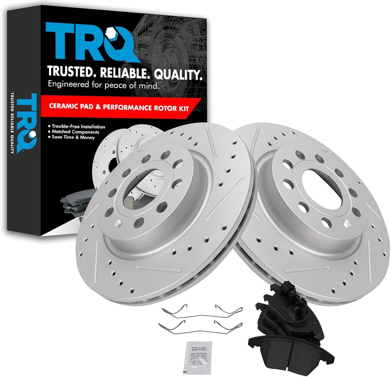 TRQ Performance Front Ceramic Brake Pad and Rotor Set Coated Drilled Slotted Compatible with 2011 Audi A3 2011 VW Jetta L5 2.5L with 280 mm Diameter Front Rotors Models