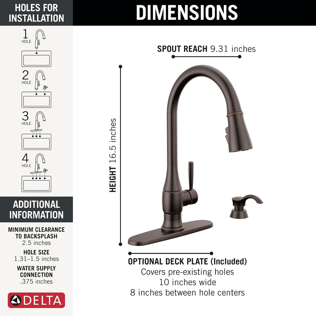 Delta Hazelwood Oil Rubbed Bronze Kitchen Faucet with Pull Down Sprayer and Soap Dispenser, Modern Single Hole Kitchen Sink Faucet, Single Handle, Venetian Bronze 19831Z-RBSD-DST