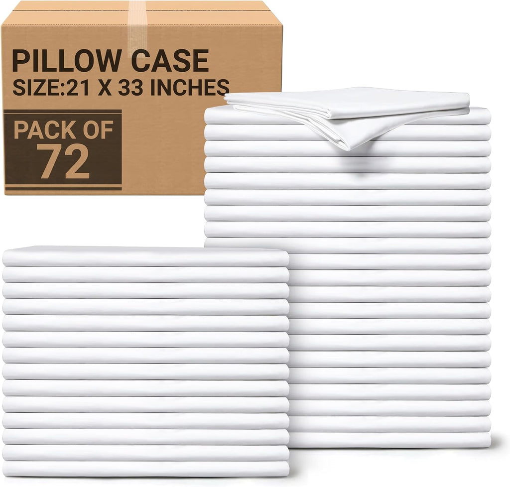 Bulk 72 Pack White King Pillowcases 21x33 — Premium T-200 Poly Cotton Pillow Covers with Envelope Closure — Economical Pillow Cases for Hotels, Hospitals & Airbnb