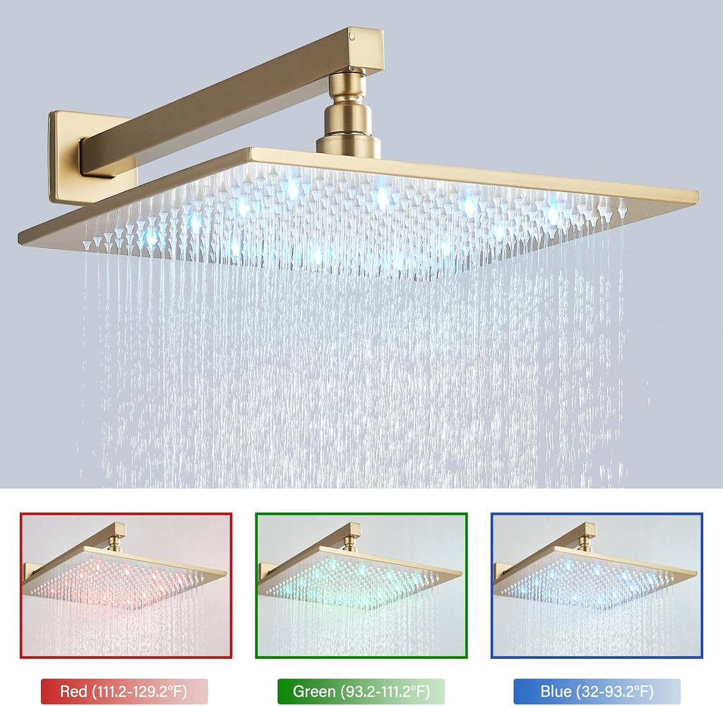Brushed Gold Rain Shower System with 12 Inch LED Shower Head and Brass Handheld with Brass Valve and Trim Kit Shower Faucets Sets Complete