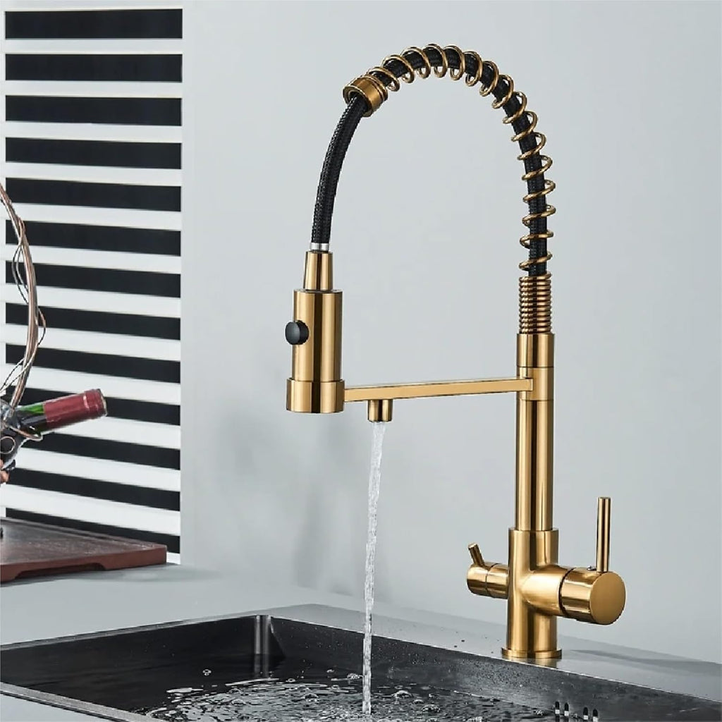 Filtered Kitchen Faucet Pure Drinking Water Brass Kitchen Tap Daul Spout Water Purifier Faucet(Brushed Gold)