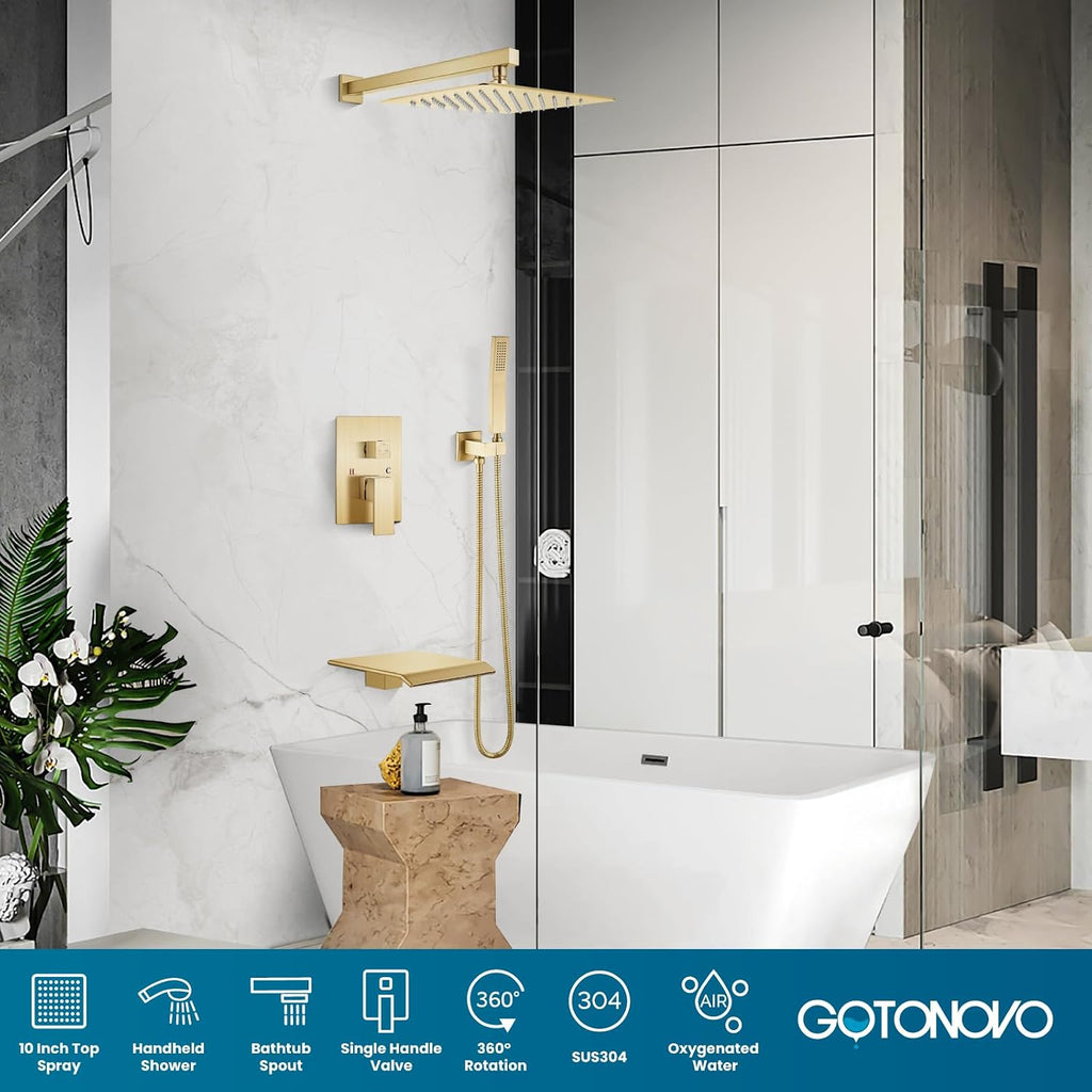gotonovo 10'' Rain Shower Faucet System Rainfall Shower Head with Handheld Sprayer Waterfall Tub Spout Wall Mounted Mixer Combo Rough-in Valve and Trim Included 7.9 Inch Wide Spout Brushed Gold